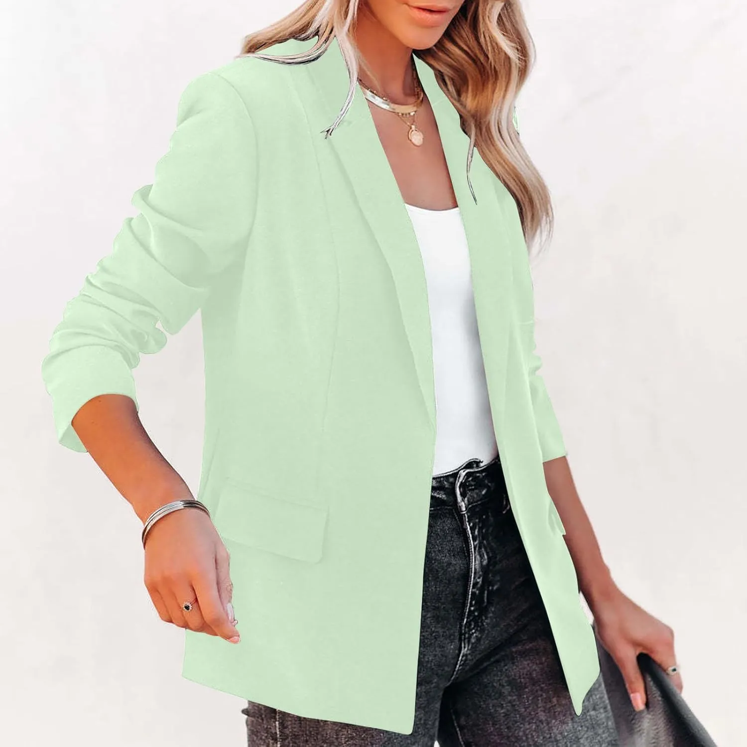 2024 Fall Blazers for Women Business Open Front Blazer Coat Casual Solid Lapel Buttonless Blazer Jacket with Pocket