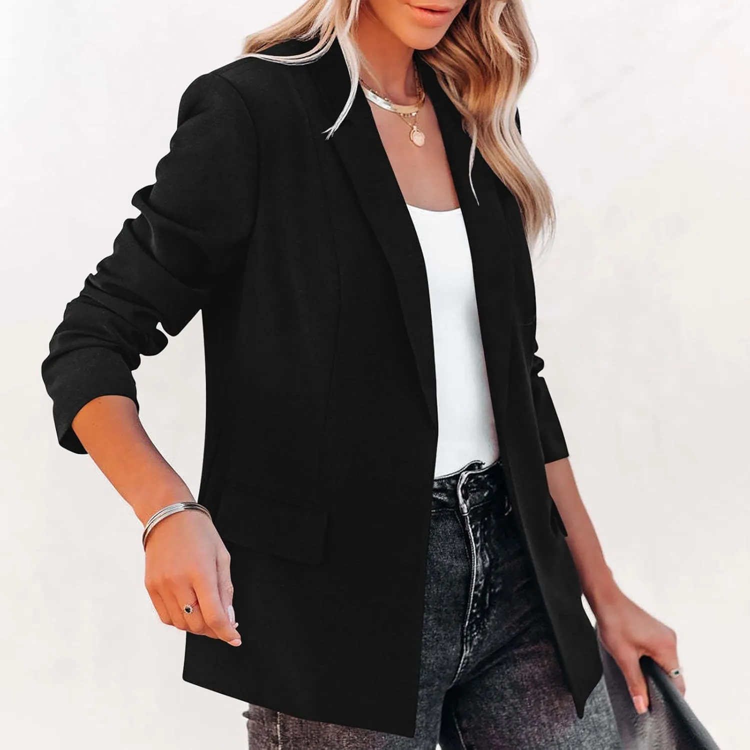 2024 Fall Blazers for Women Business Open Front Blazer Coat Casual Solid Lapel Buttonless Blazer Jacket with Pocket