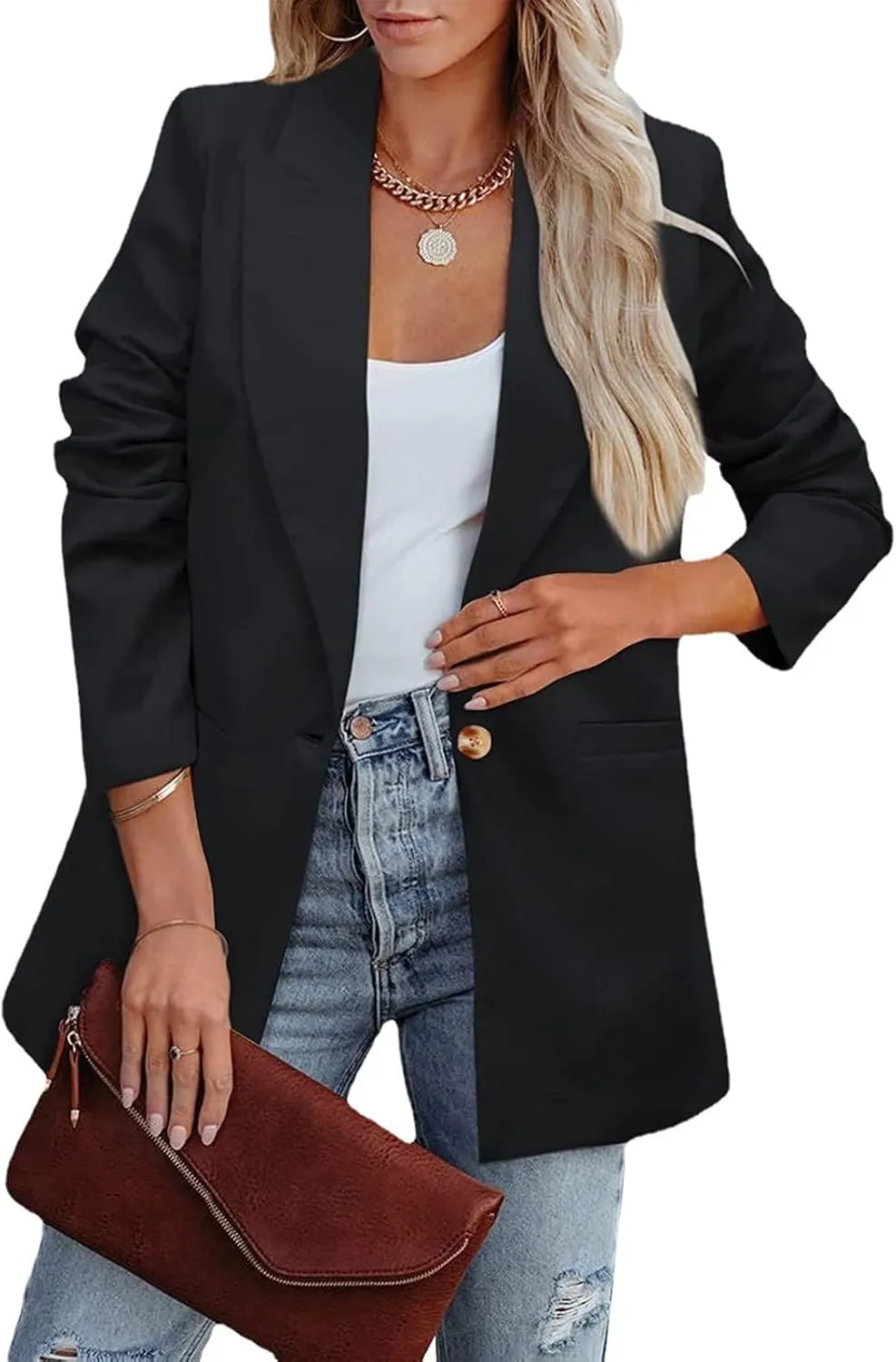2024 Fall Business Blazers for Women Casual Solid Open Front Blazer Jackets Lapel Button Blazer Coat with Pockets