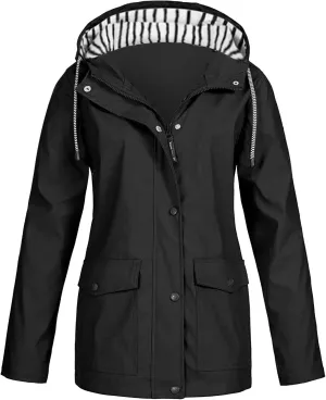 2025 Spring Fashion Womens Raincoat Fit Waterproof Dressy Zip up Rain Jacket Windbreaker with Pockets Hood