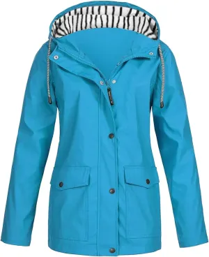 2025 Spring Fashion Womens Raincoat Fit Waterproof Dressy Zip up Rain Jacket Windbreaker with Pockets Hood