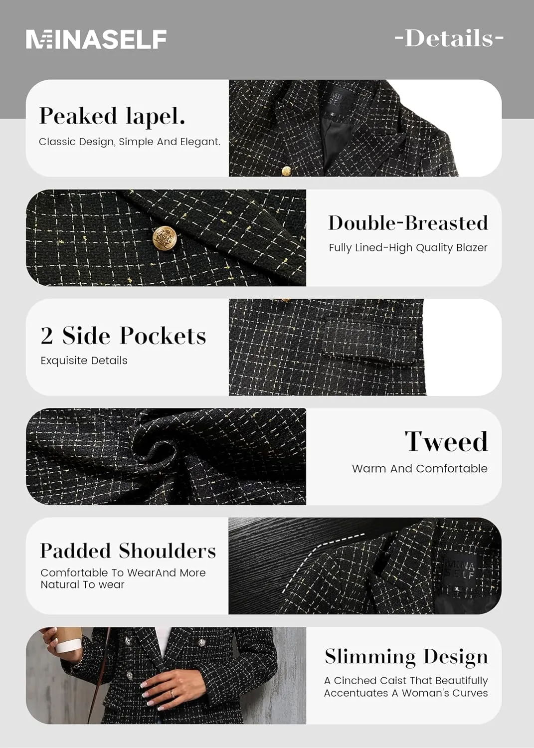 2025 Women's Spring Tweed Blazer Jacket Plaid Fully-Lined Fashion Business Casual Lapel Elegant Coat with Pockets