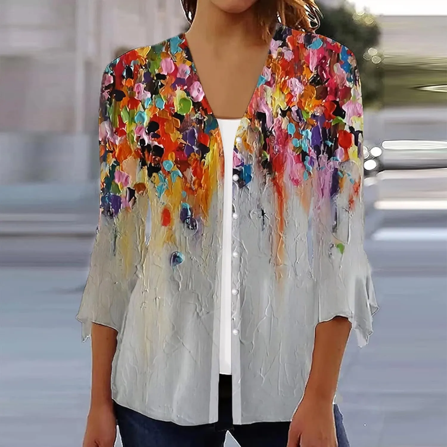 3/4 Sleeve Cardigans for Women Lightweight Extra Soft Open Front Casual Vintage Floral Print Various Style Cardigan