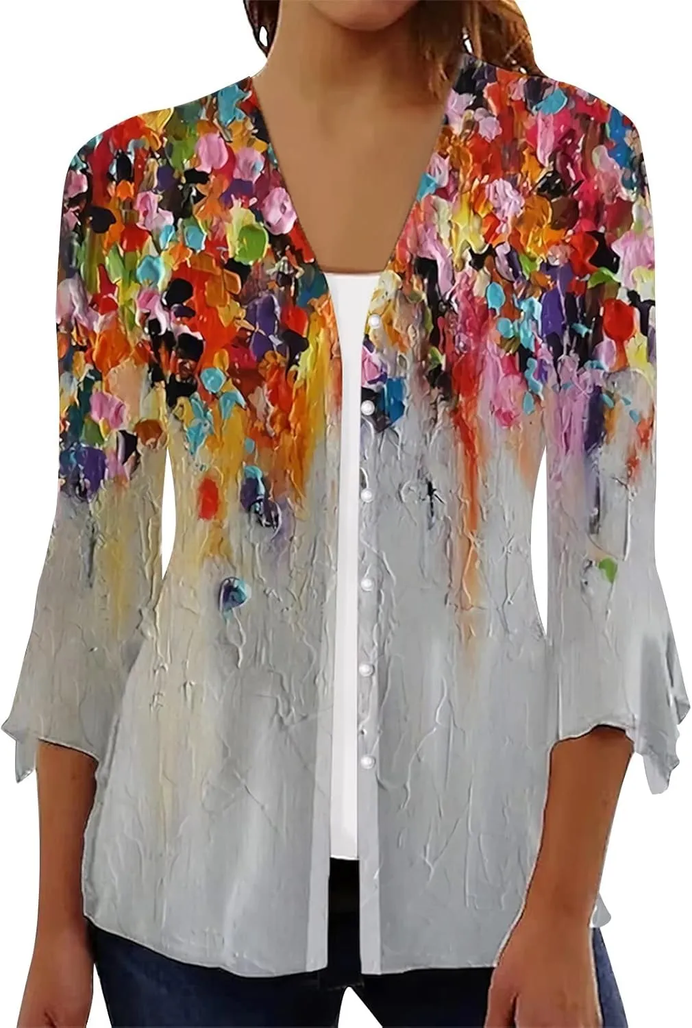 3/4 Sleeve Cardigans for Women Lightweight Extra Soft Open Front Casual Vintage Floral Print Various Style Cardigan