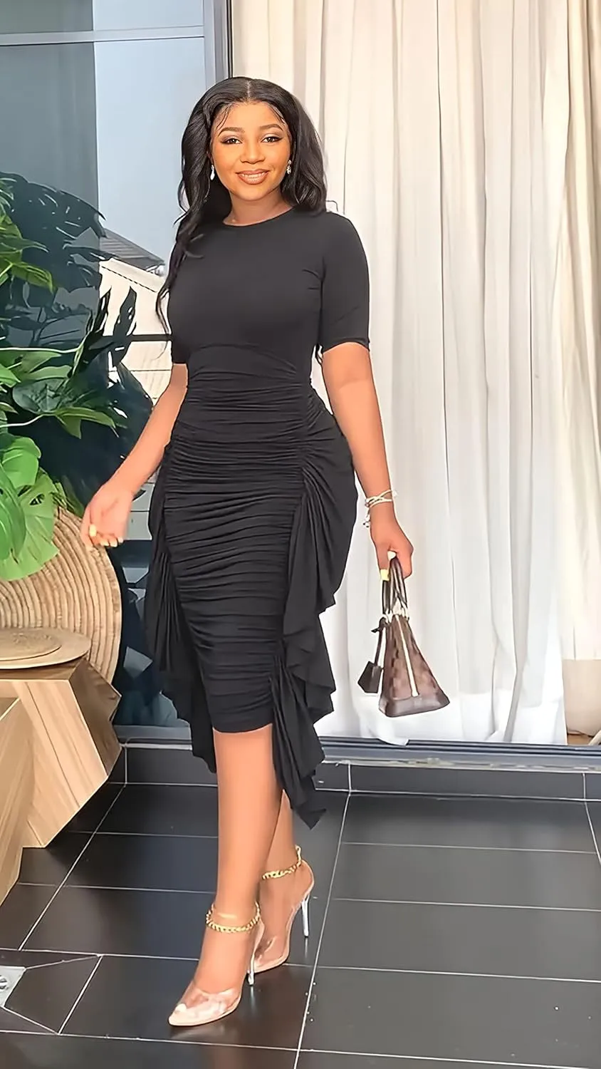 acelyn Women’s Sexy Summer Ruched Bodycon Midi Dress Casual Short Sleeve Ruffle Side Fitted Dresses