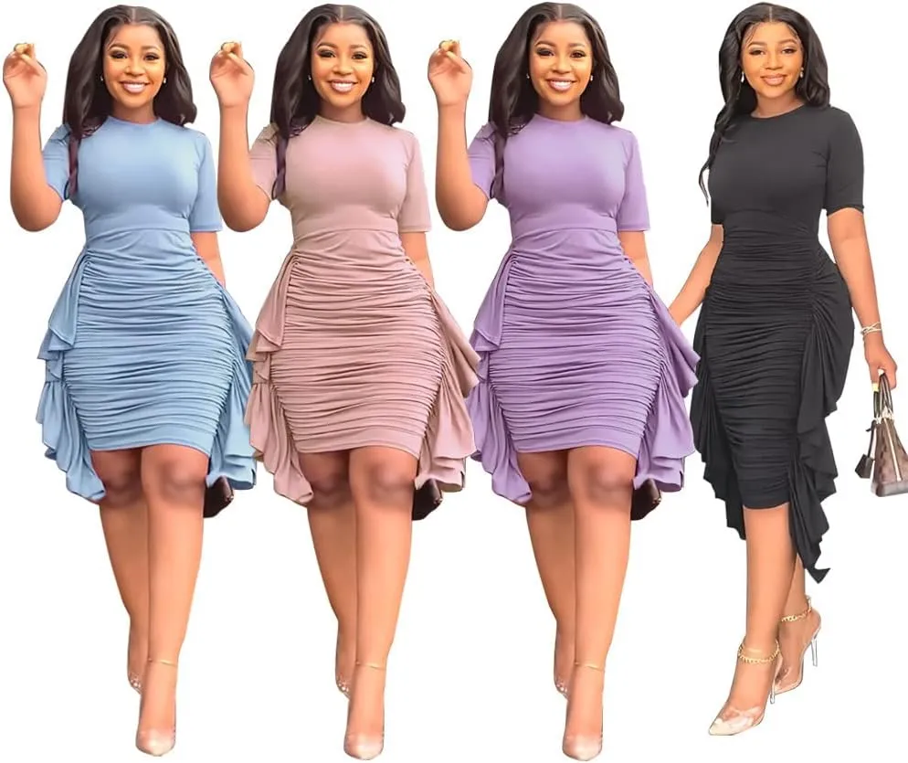 acelyn Women’s Sexy Summer Ruched Bodycon Midi Dress Casual Short Sleeve Ruffle Side Fitted Dresses