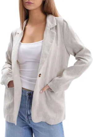 Amazhiyu Womens 100% Linen Notched Button Blazer Jackets Long Sleeve Coat Office