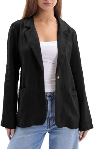 Amazhiyu Womens 100% Linen Notched Button Blazer Jackets Long Sleeve Coat Office