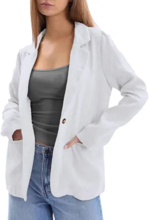 Amazhiyu Womens 100% Linen Notched Button Blazer Jackets Long Sleeve Coat Office