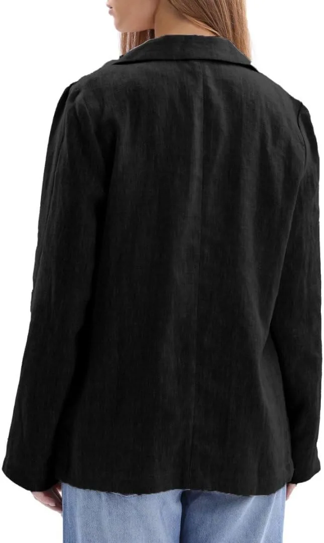Amazhiyu Womens 100% Linen Notched Button Blazer Jackets Long Sleeve Coat Office