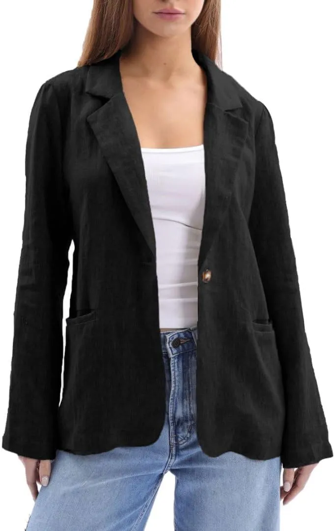 Amazhiyu Womens 100% Linen Notched Button Blazer Jackets Long Sleeve Coat Office