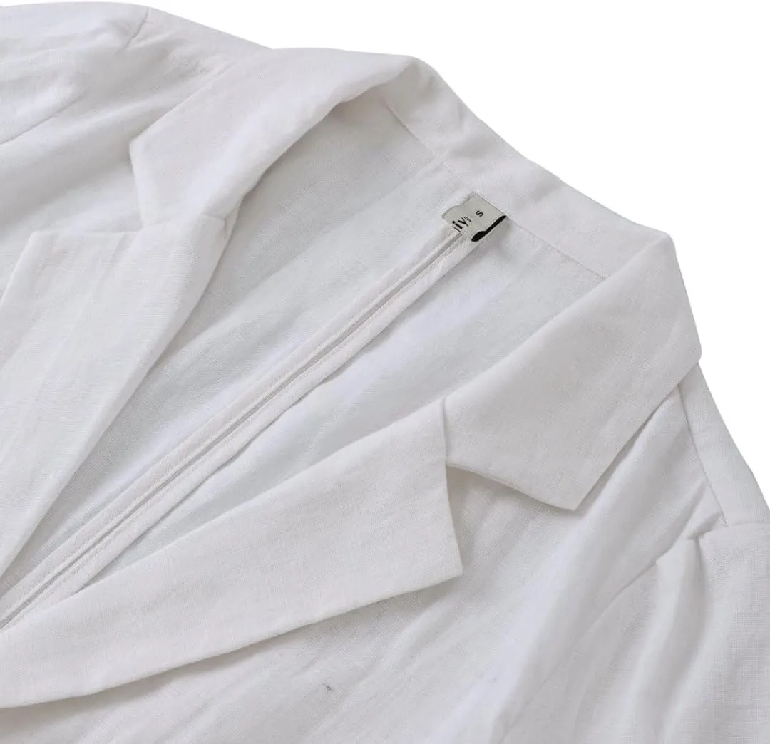 Amazhiyu Womens 100% Linen Notched Button Blazer Jackets Long Sleeve Coat Office