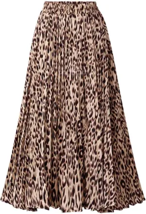 Basoteeuo Womens Skirt Leopard Print Midi Long Shirring Pleated Skirts High Waisted A Line Skirts