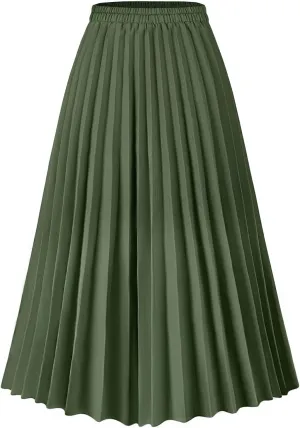 Basoteeuo Womens Skirt Leopard Print Midi Long Shirring Pleated Skirts High Waisted A Line Skirts