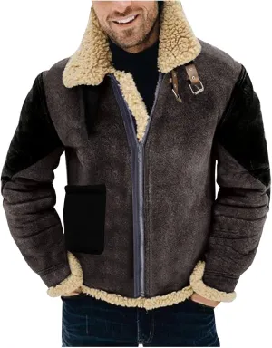 BIFUTON Winter Coats for Men, Mens Vintage Faux Leather Jacket Sherpa Lined Heavyweight Shearling Coats Winter Bomber Jackets
