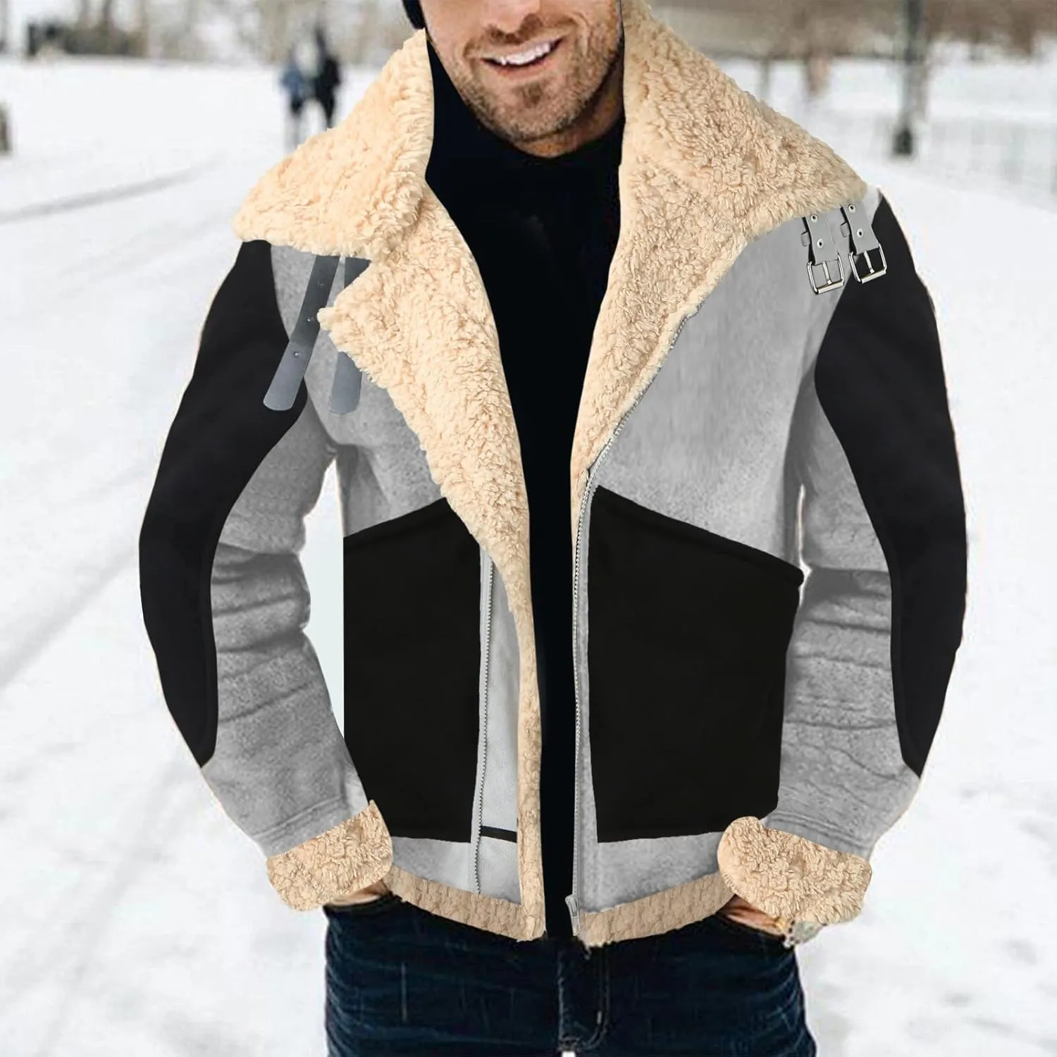 BIFUTON Winter Coats for Men, Mens Vintage Faux Leather Jacket Sherpa Lined Heavyweight Shearling Coats Winter Bomber Jackets