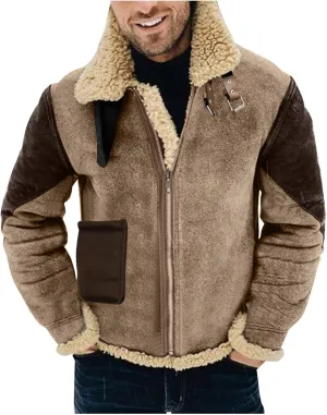 BIFUTON Winter Coats for Men, Mens Vintage Faux Leather Jacket Sherpa Lined Heavyweight Shearling Coats Winter Bomber Jackets