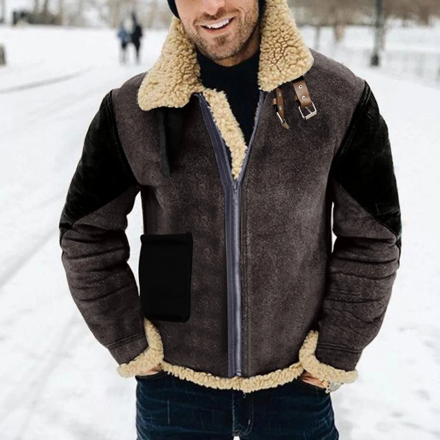 BIFUTON Winter Coats for Men, Mens Vintage Faux Leather Jacket Sherpa Lined Heavyweight Shearling Coats Winter Bomber Jackets