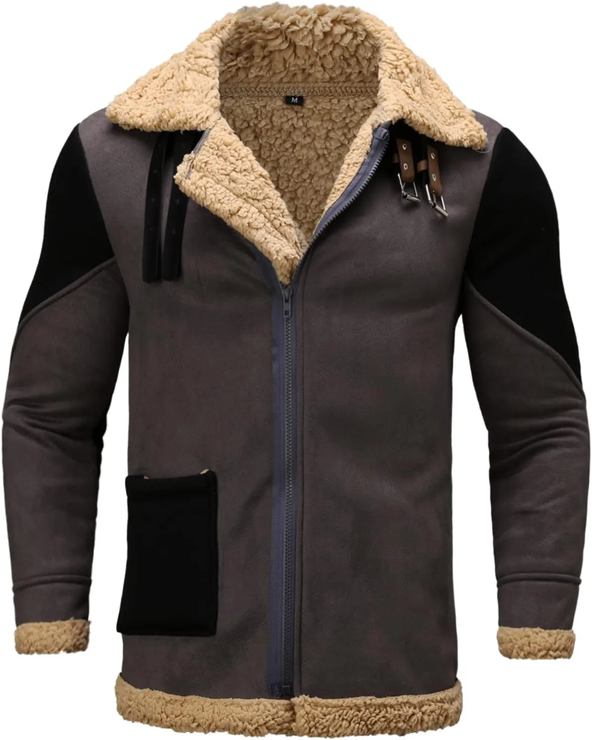 BIFUTON Winter Coats for Men, Mens Vintage Faux Leather Jacket Sherpa Lined Heavyweight Shearling Coats Winter Bomber Jackets
