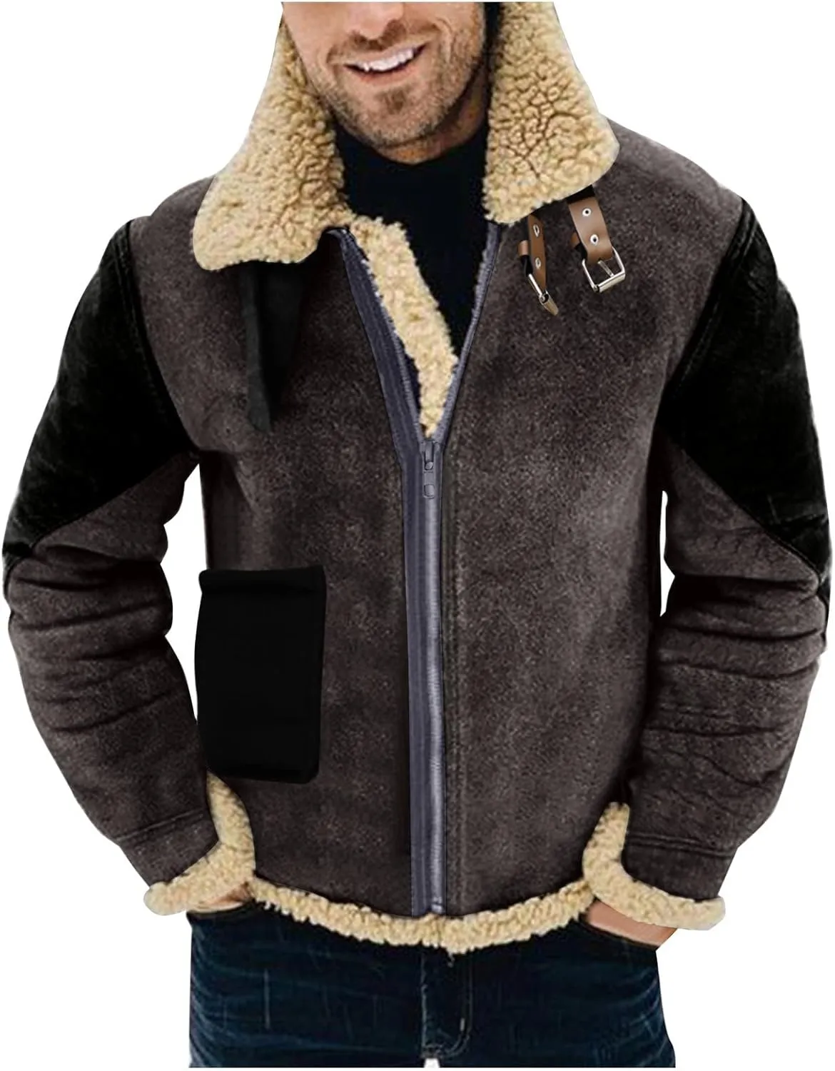 BIFUTON Winter Coats for Men, Mens Vintage Faux Leather Jacket Sherpa Lined Heavyweight Shearling Coats Winter Bomber Jackets