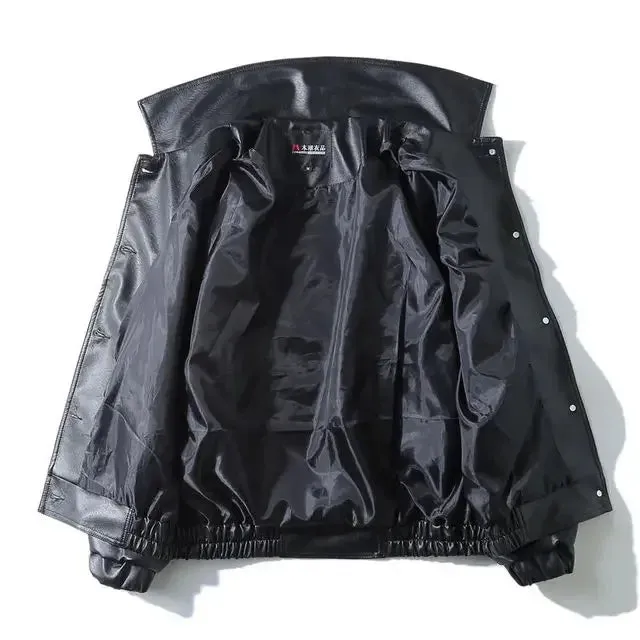 Black PU Leather Motorcycle Biker Jacket for Men - Fashion Bomber Coat with Pockets