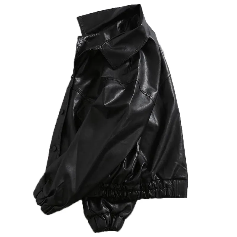 Black PU Leather Motorcycle Biker Jacket for Men - Fashion Bomber Coat with Pockets