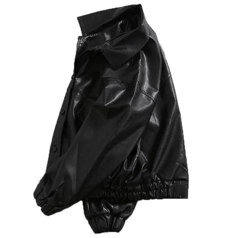 Black PU Leather Motorcycle Biker Jacket for Men - Fashion Bomber Coat with Pockets
