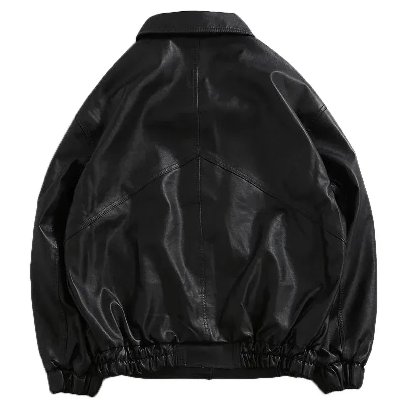 Black PU Leather Motorcycle Biker Jacket for Men - Fashion Bomber Coat with Pockets