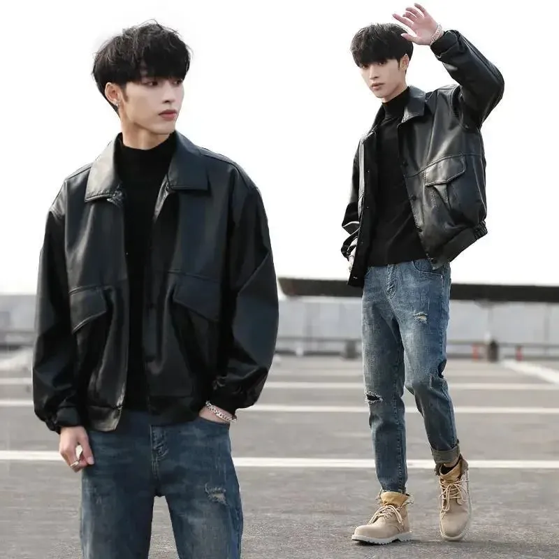 Black PU Leather Motorcycle Biker Jacket for Men - Fashion Bomber Coat with Pockets