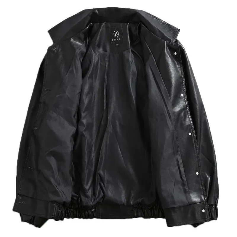 Black PU Leather Motorcycle Biker Jacket for Men - Fashion Bomber Coat with Pockets