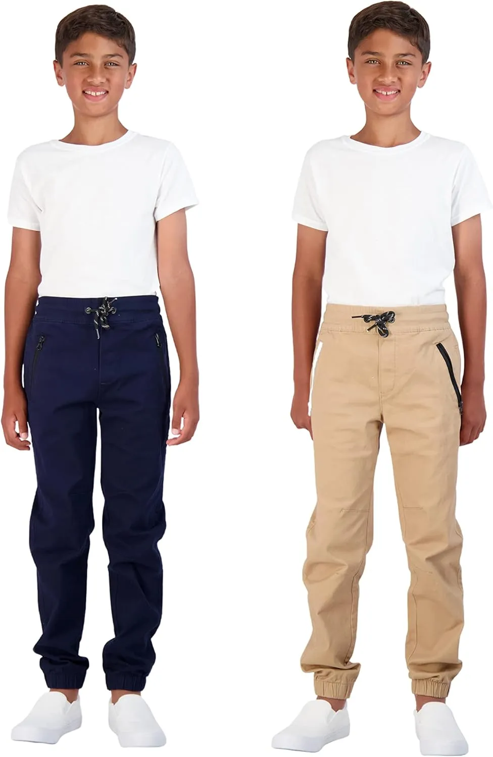 Boys 2-Pack Twill Jogger Pants with Zipper Pockets Pull on Pants for Kids