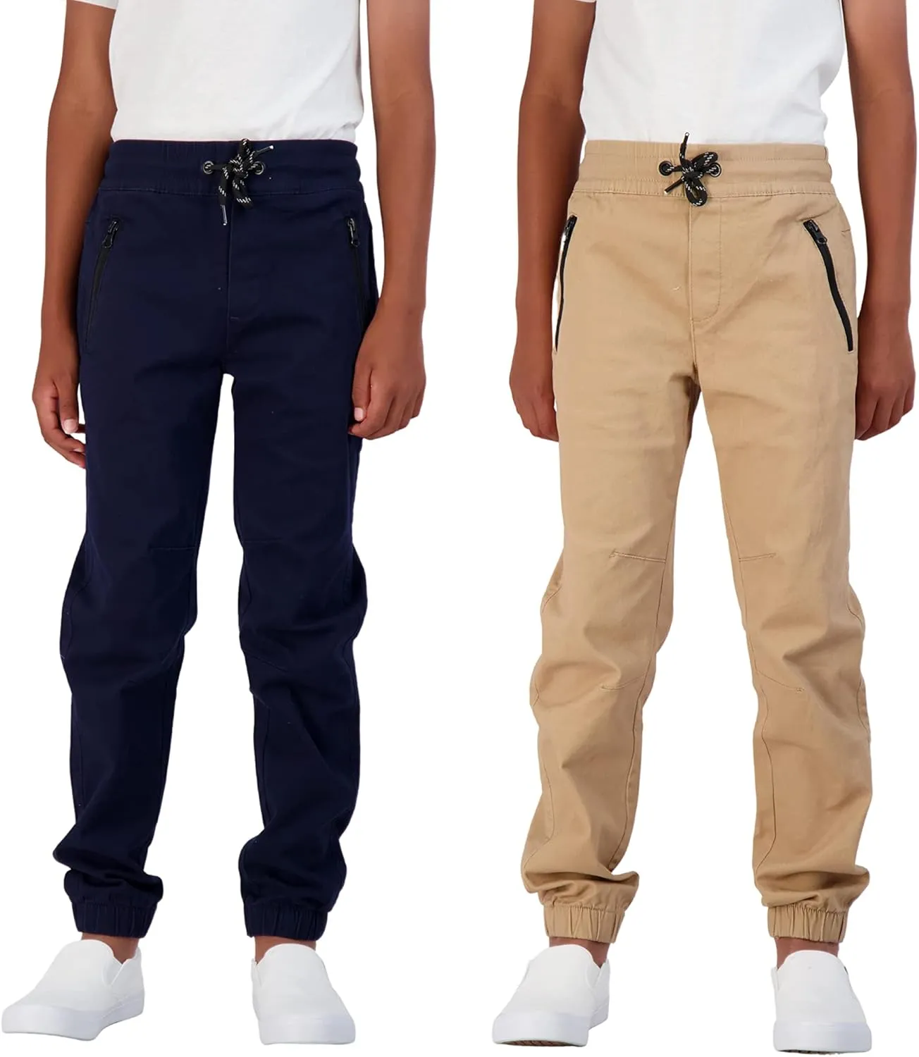 Boys 2-Pack Twill Jogger Pants with Zipper Pockets Pull on Pants for Kids
