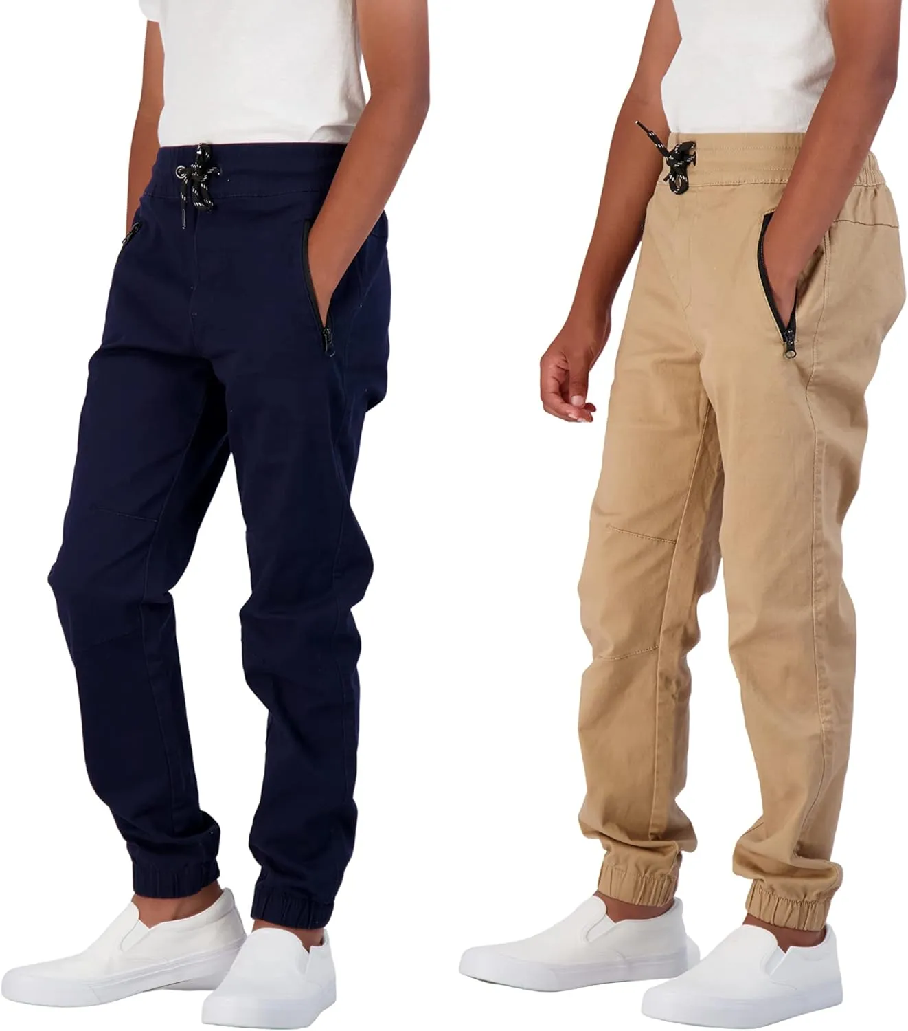 Boys 2-Pack Twill Jogger Pants with Zipper Pockets Pull on Pants for Kids