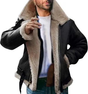 Burband Mens Sherpa Fleece Lined Suede Leather Trucker Jackets Lamb Velvet Faux Fur Bomber Jackets Khaki Shearling Coats