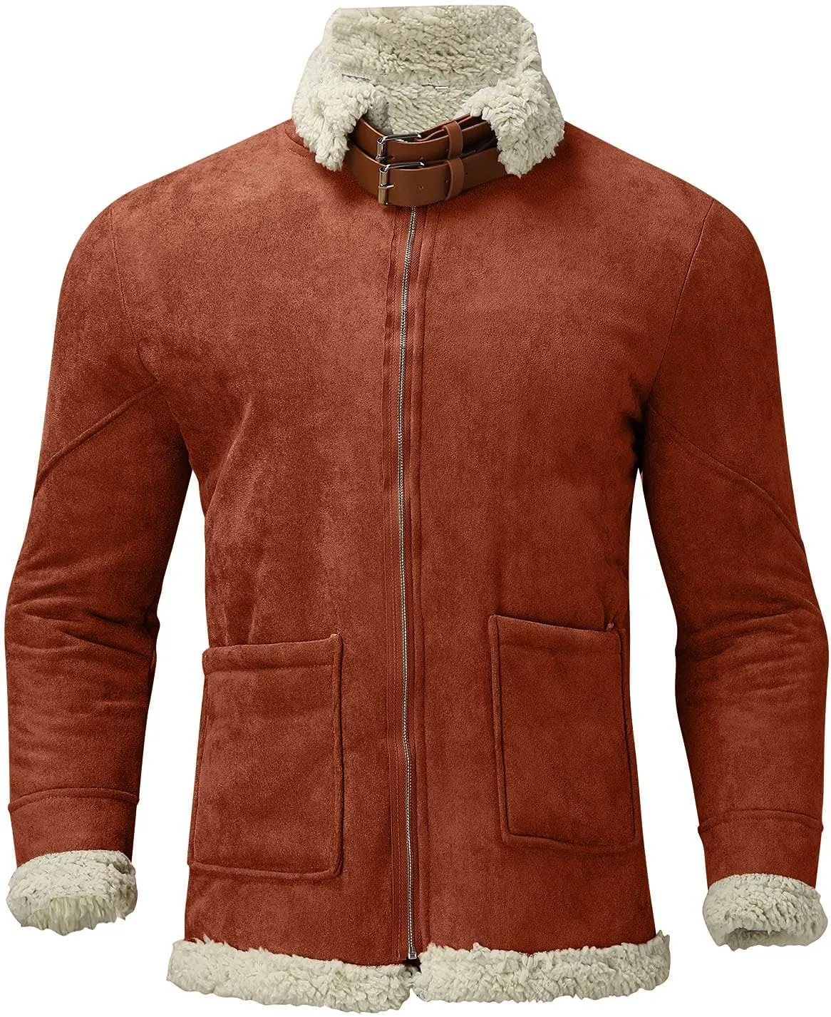 Burband Mens Sherpa Fleece Lined Suede Leather Trucker Jackets Lamb Velvet Faux Fur Bomber Jackets Khaki Shearling Coats