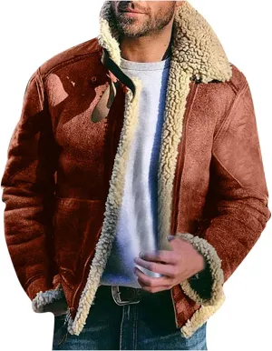 Burband Mens Sherpa Fleece Lined Suede Leather Trucker Jackets Lamb Velvet Faux Fur Bomber Jackets Khaki Shearling Coats