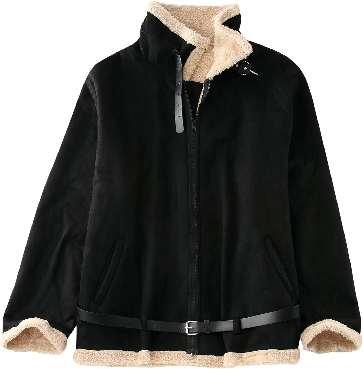 Burband Mens Sherpa Fleece Lined Suede Leather Trucker Jackets Lamb Velvet Faux Fur Bomber Jackets Khaki Shearling Coats