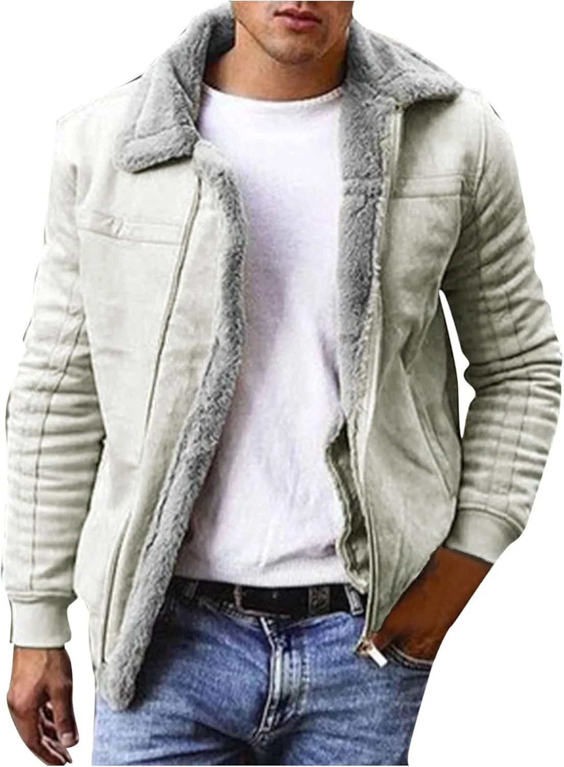 Burband Mens Sherpa Fleece Lined Suede Leather Trucker Jackets Lamb Velvet Faux Fur Bomber Jackets Khaki Shearling Coats