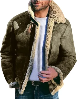 Burband Mens Sherpa Fleece Lined Suede Leather Trucker Jackets Lamb Velvet Faux Fur Bomber Jackets Khaki Shearling Coats
