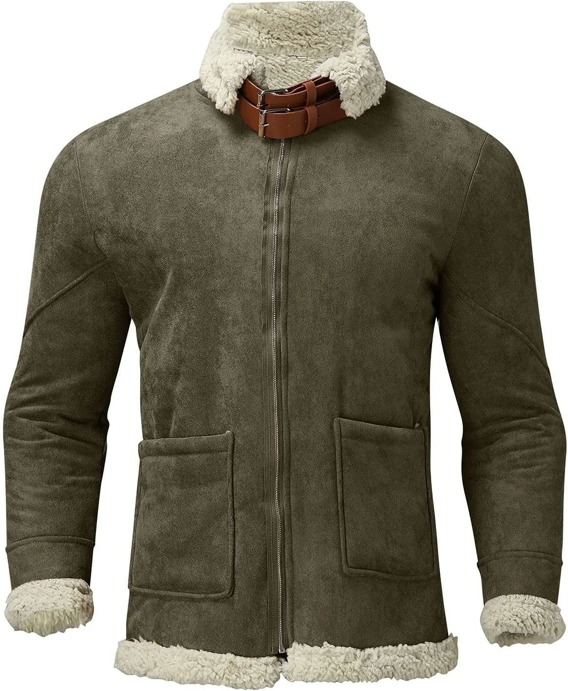 Burband Mens Sherpa Fleece Lined Suede Leather Trucker Jackets Lamb Velvet Faux Fur Bomber Jackets Khaki Shearling Coats