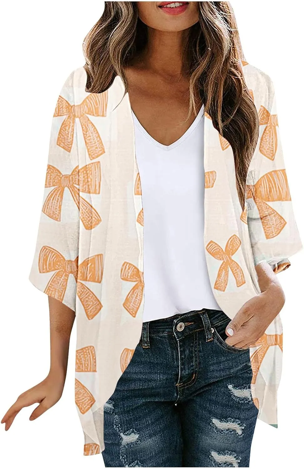 Cardigans for Women Loose Casual 3/4 Sleeved Open Front Breathable Cardigans Summer Floral Sun Protect Jacket