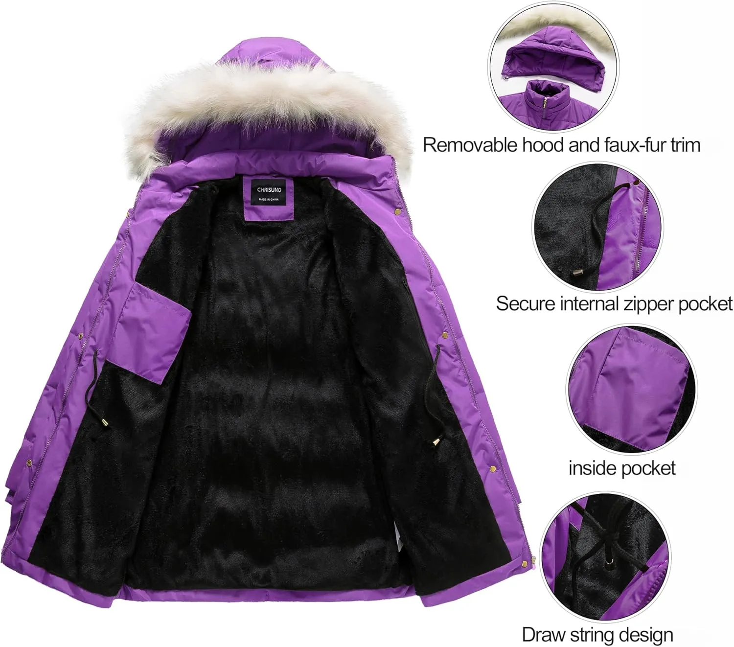 Chrisuno Women's Winter Warm Coats Puffer Jacket Long Drawstring Waterproof Snow Parka With Removable Faux Fur Trim Hood