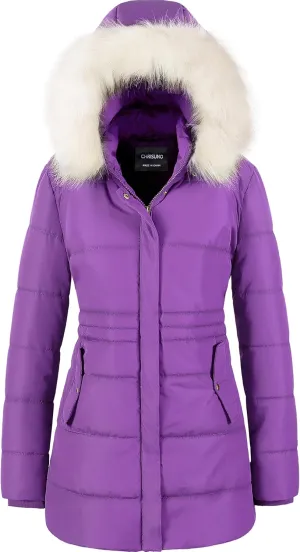 Chrisuno Women's Winter Warm Coats Puffer Jacket Long Drawstring Waterproof Snow Parka With Removable Faux Fur Trim Hood