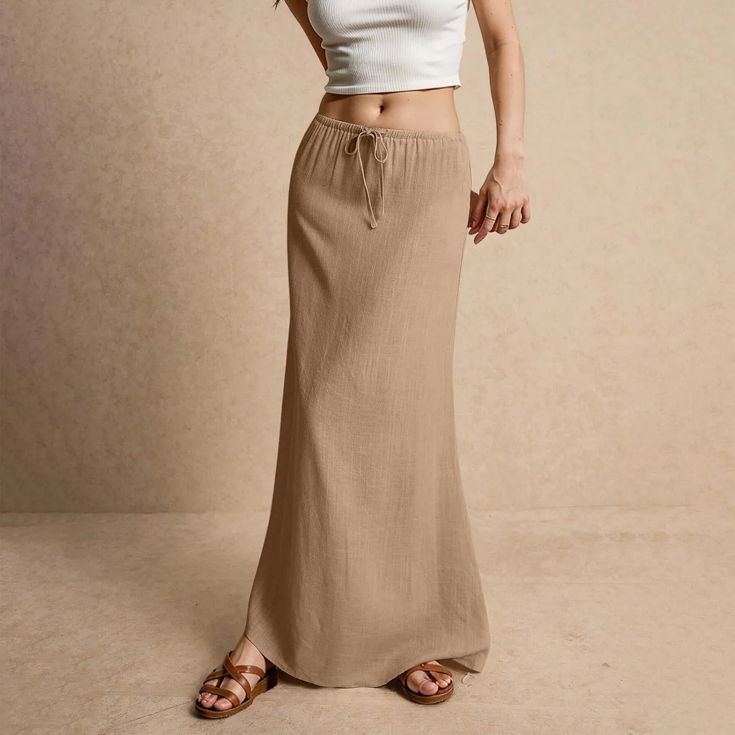Cotton Linen Maxi Skirts for Women Summer Casual Drawstring Waist A Line Skirts Boho Long Flowy Skirt