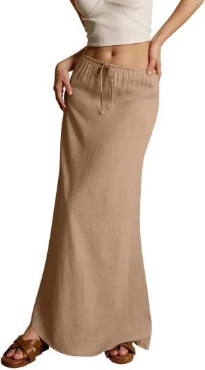 Cotton Linen Maxi Skirts for Women Summer Casual Drawstring Waist A Line Skirts Boho Long Flowy Skirt