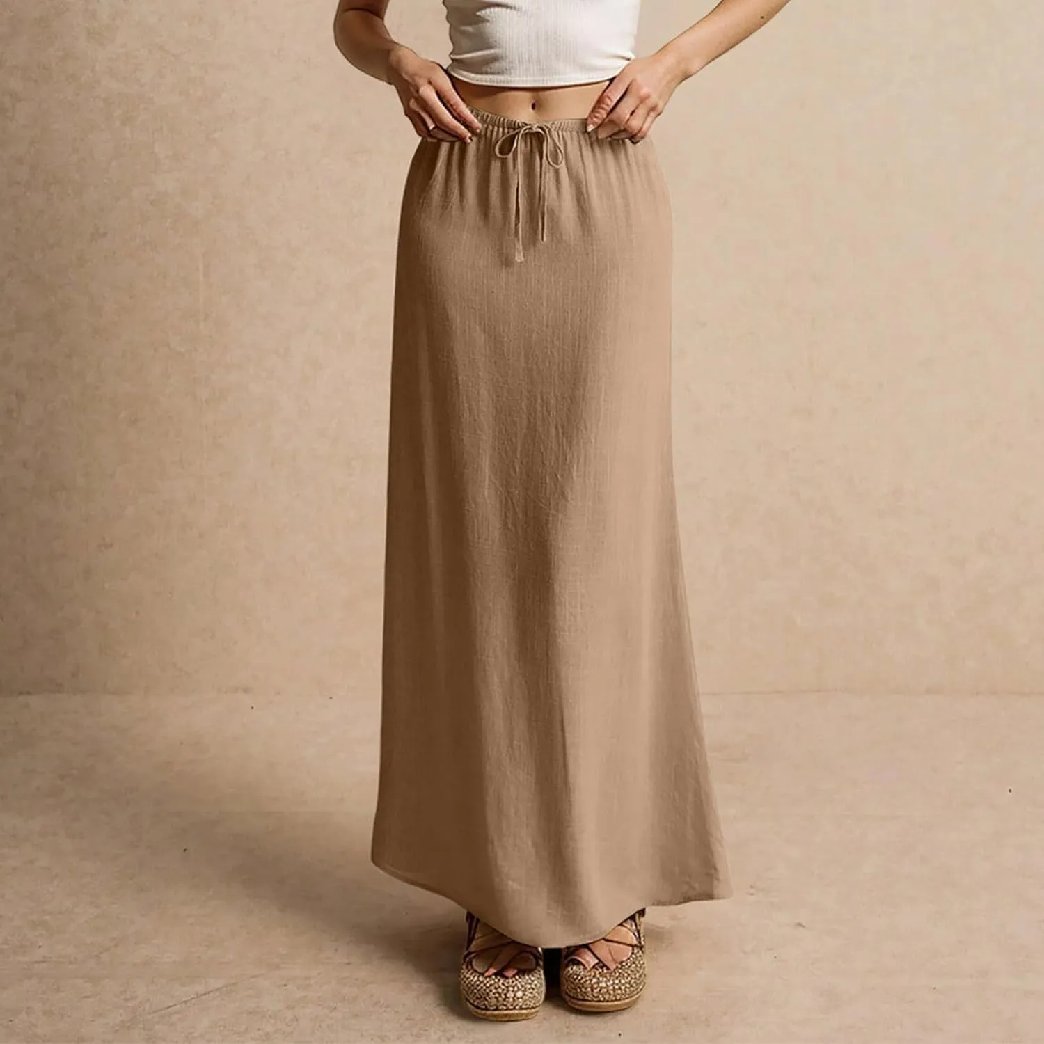 Cotton Linen Maxi Skirts for Women Summer Casual Drawstring Waist A Line Skirts Boho Long Flowy Skirt