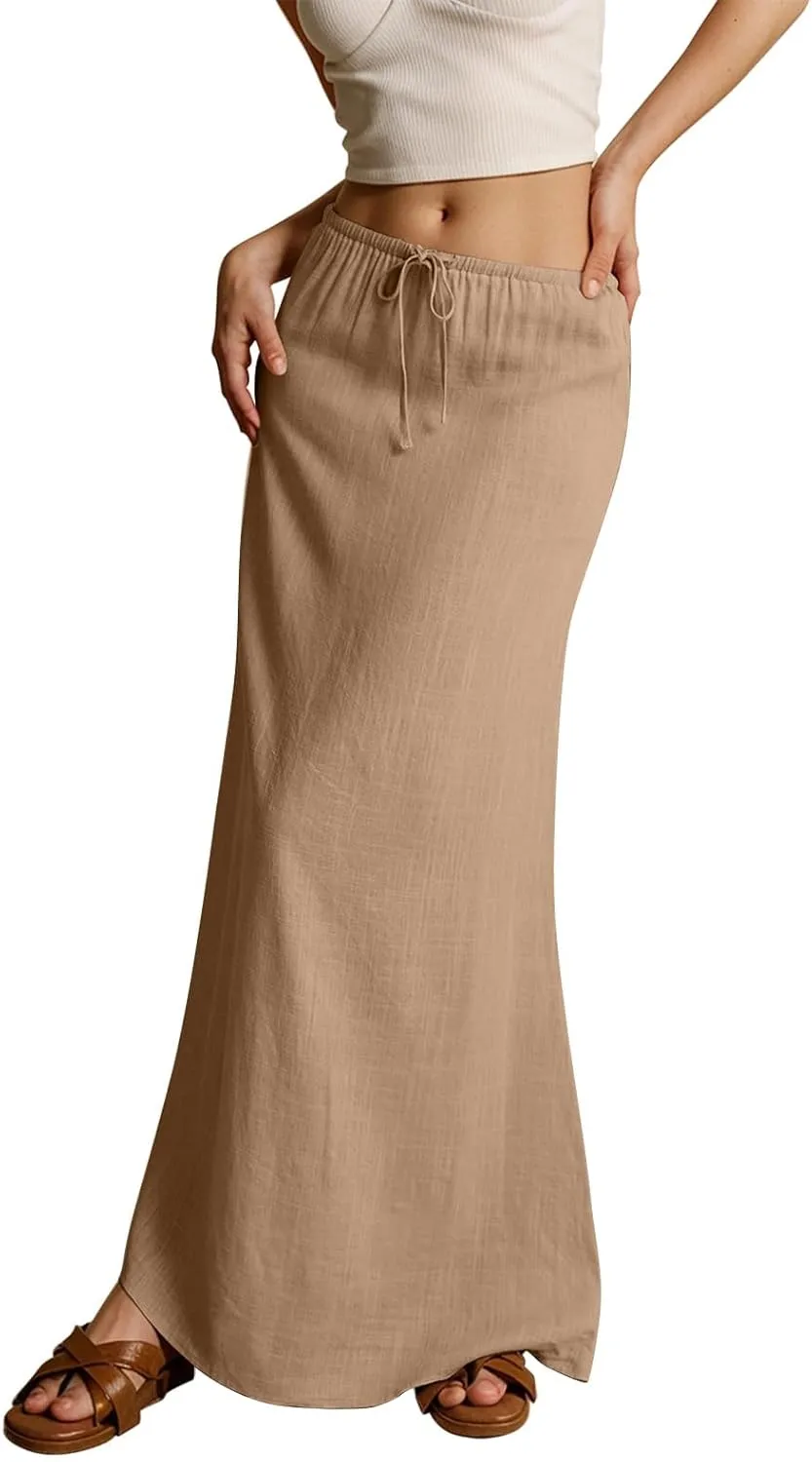 Cotton Linen Maxi Skirts for Women Summer Casual Drawstring Waist A Line Skirts Boho Long Flowy Skirt