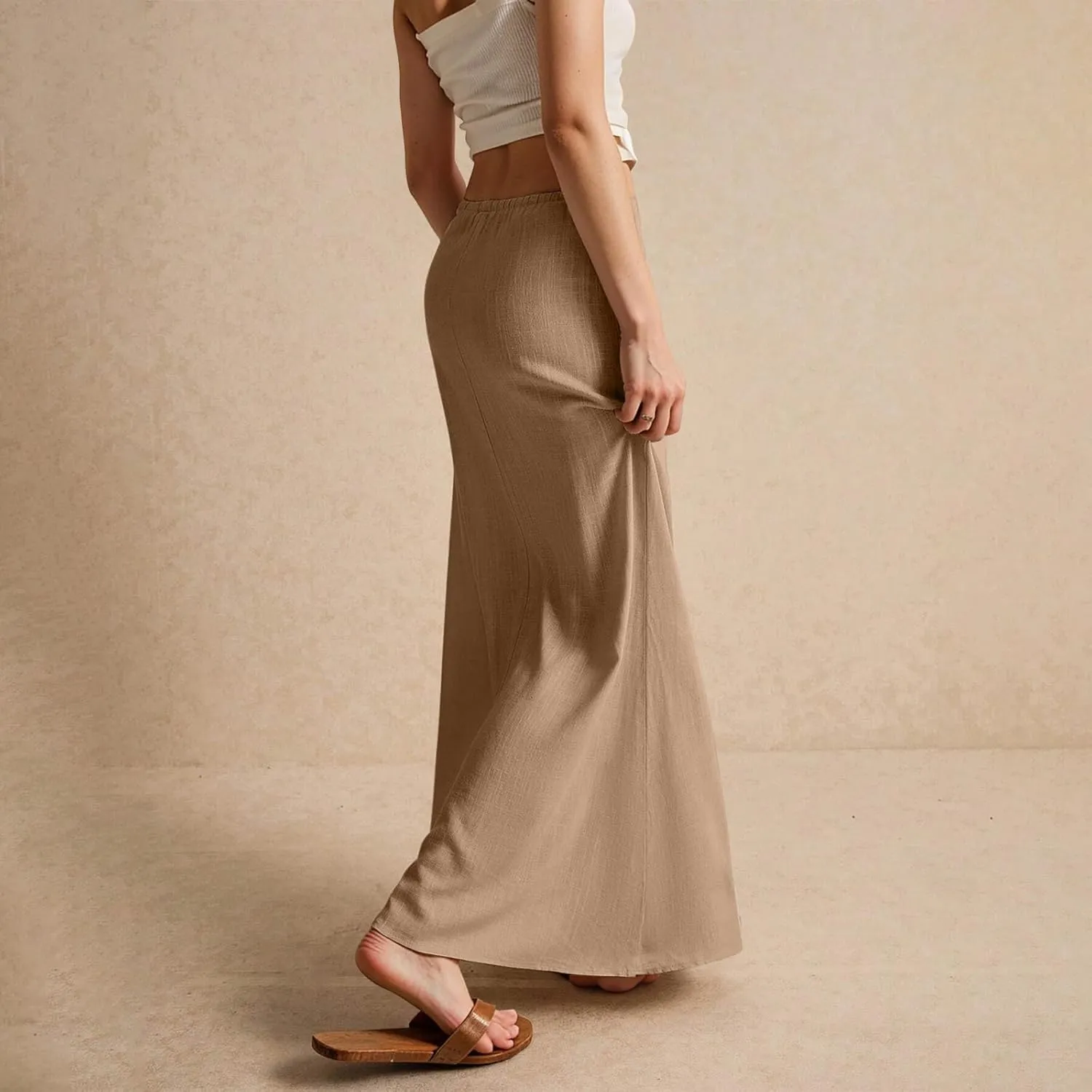 Cotton Linen Maxi Skirts for Women Summer Casual Drawstring Waist A Line Skirts Boho Long Flowy Skirt