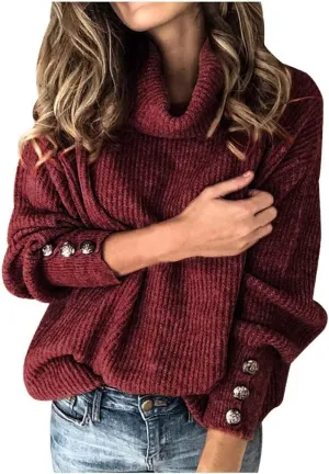 CRNTCEM Womens Cotton Turtleneck Sweater 2024 Winter Thick Cable Knitted Jumper Cowl Neck Long Sleeve Chunky Pullover Sweater