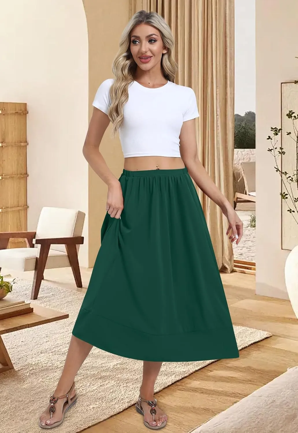 DB MOON Womens Midi Length Skirt 2025 Business Casual Flowy A Line Skirts with Pockets Teacher Outfits